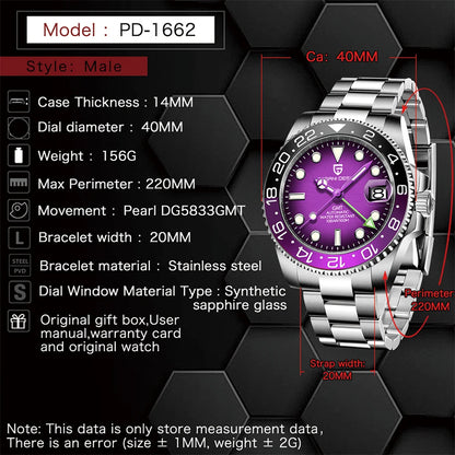 PAGANI DESIGN 2026 GMT Watches Dark Dial Men Luxury Sapphire Luminous Automatic Mechanical Watch