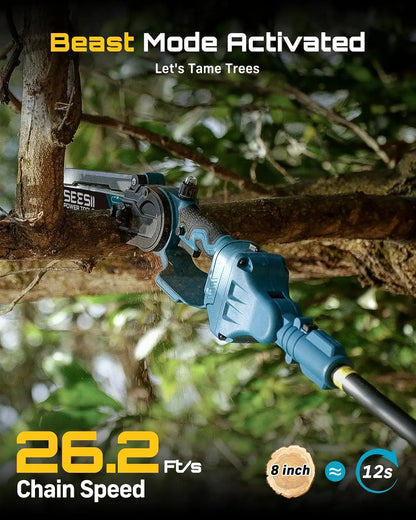 SEESII Polesaw High Branch Saw Cordless 8'' Electric Chainsaw with 3M Extension Pole for Tree Trimming Limb Cutter Pruner