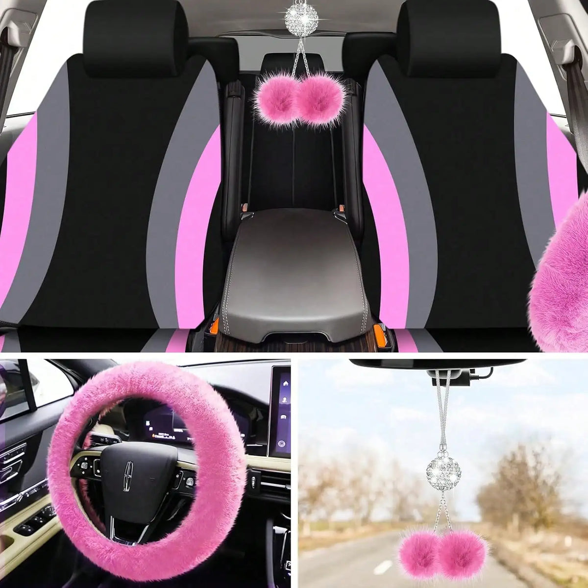35-Piece Women Fluffy Car Seat Cover Set, Luxury Polyester Fiber Car Interior Combo, Soft Steering Wheel Cover, Cup Holder Coasters, Safety Belt Shoulder Pads & Gear Shift Cover, Universal Fit, Easy to Install