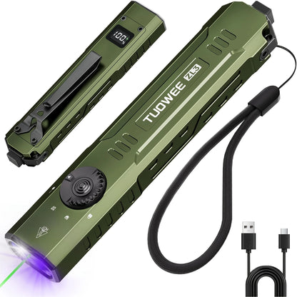 1500 LM Slim Tactical Flashlight  with Green Laser Beam, 3 Light Sources EDC Multi-Functional Rechargeable Torch, High Bright White Light & 365 UV Black Light,