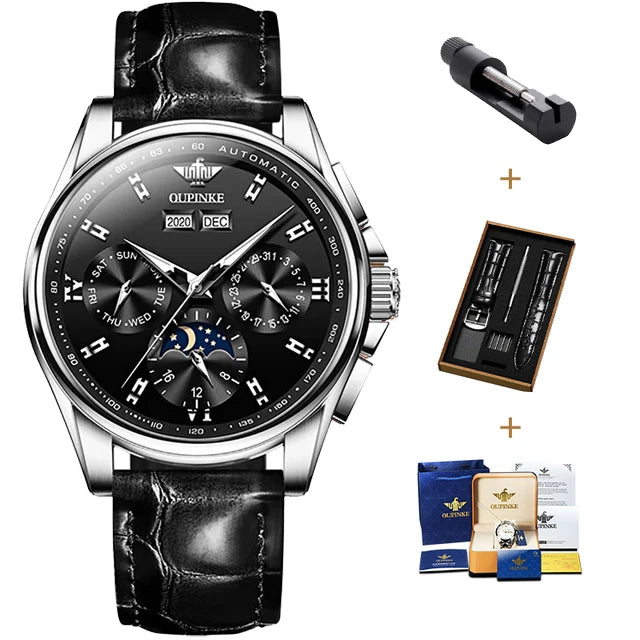 OUPINKE 3189 Automatic Watch for Men Genuine Leather Strap Waterproof Moon Phase Man Watches