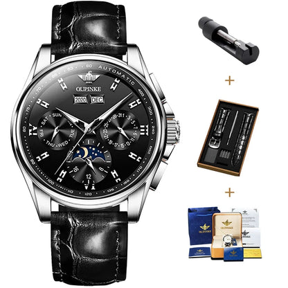 OUPINKE 3189 Automatic Watch for Men Genuine Leather Strap Waterproof Moon Phase Man Watches