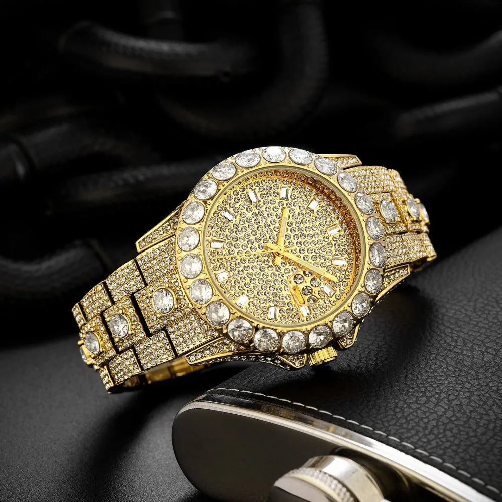 MISSFOX Luxury Watches For Mens Hip Hop Iced Out Bling Quartz Clocks Fashion Full Diamond Jewelry Wristwatch