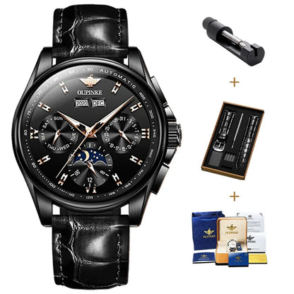 OUPINKE 3189 Automatic Watch for Men Genuine Leather Strap Waterproof Moon Phase Man Watches