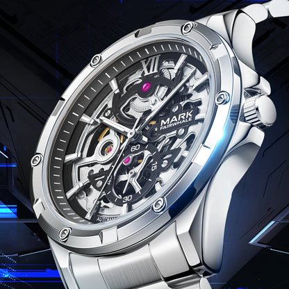 Mark Fairwhale Fashion Skeleton Dial Automatic Movement Stainless Steel Band Luminous Men's Watch