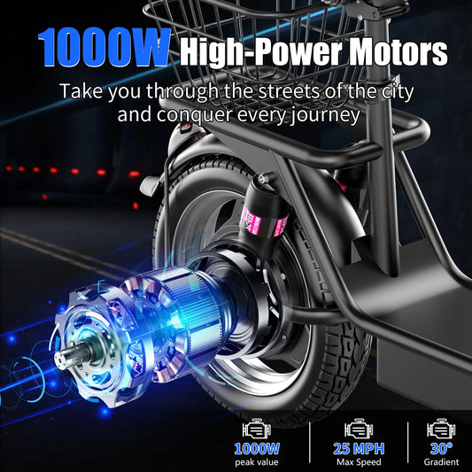 ASKGO 14 Inch Adult Electric Scooter with Seat, 1000W Peak, 25MPH Max Speed, 48V 15Ah Battery, 35 Miles Range, Dual Suspension & Dual Brake, Waterproof Rear Storage Box for Urban Commuting