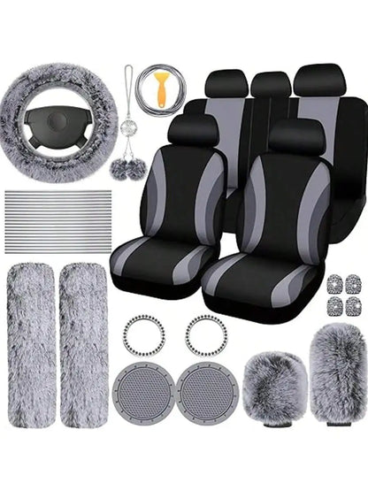 35-Piece Women Fluffy Car Seat Cover Set, Luxury Polyester Fiber Car Interior Combo, Soft Steering Wheel Cover, Cup Holder Coasters, Safety Belt Shoulder Pads & Gear Shift Cover, Universal Fit, Easy to Install