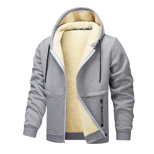 New Men's Solid Color Fleece-Lined and Thickened Winter Hooded Drawstring Sweatshirt Cardigan,