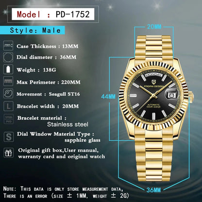 2026 New PAGANI DESIGN DD36 Mens Mechanical Watches Gold Luxury Automatic Watch For Men AR Sapphire Mirror Waterproof
