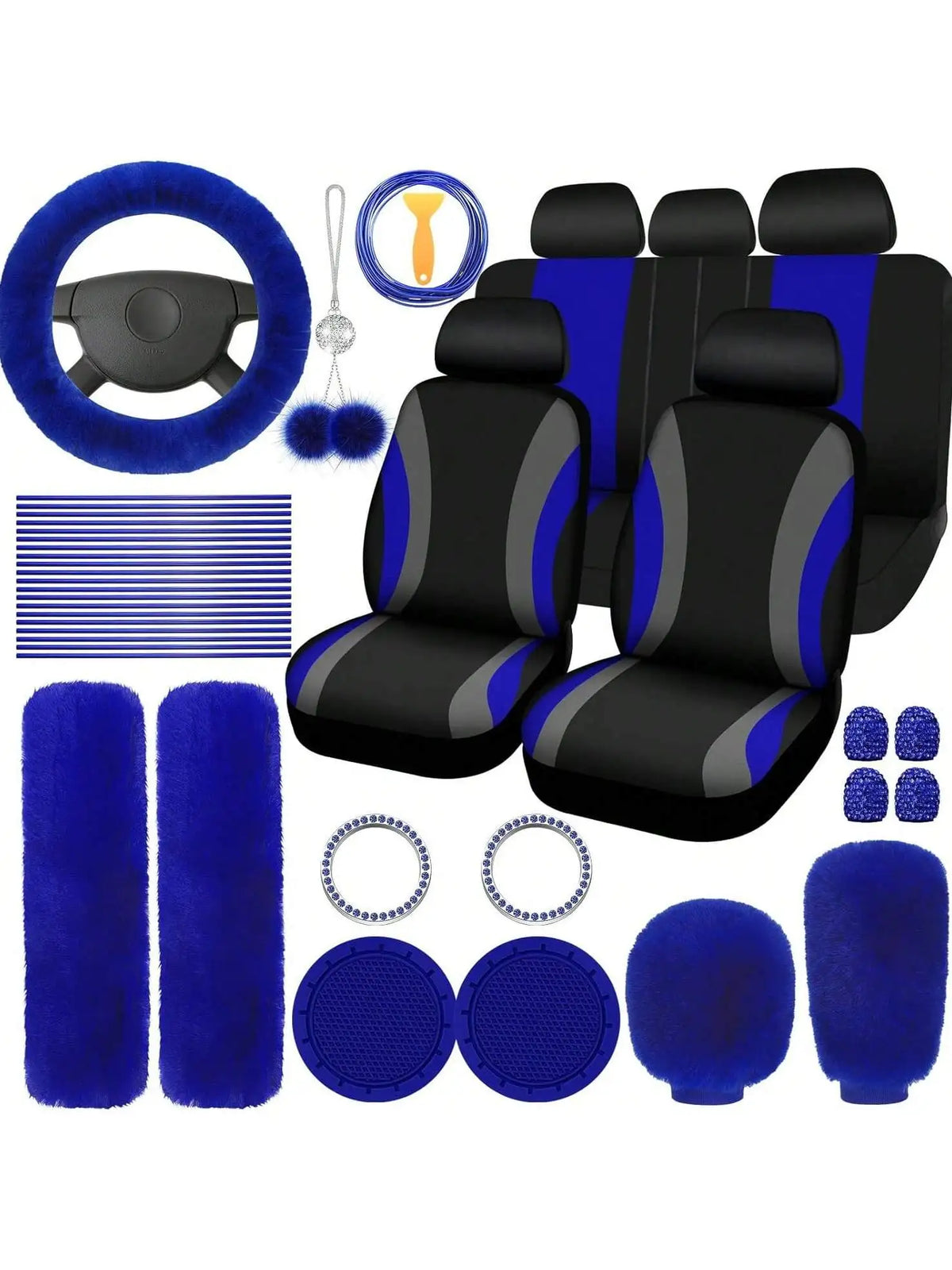 35-Piece Women Fluffy Car Seat Cover Set, Luxury Polyester Fiber Car Interior Combo, Soft Steering Wheel Cover, Cup Holder Coasters, Safety Belt Shoulder Pads & Gear Shift Cover, Universal Fit, Easy to Install