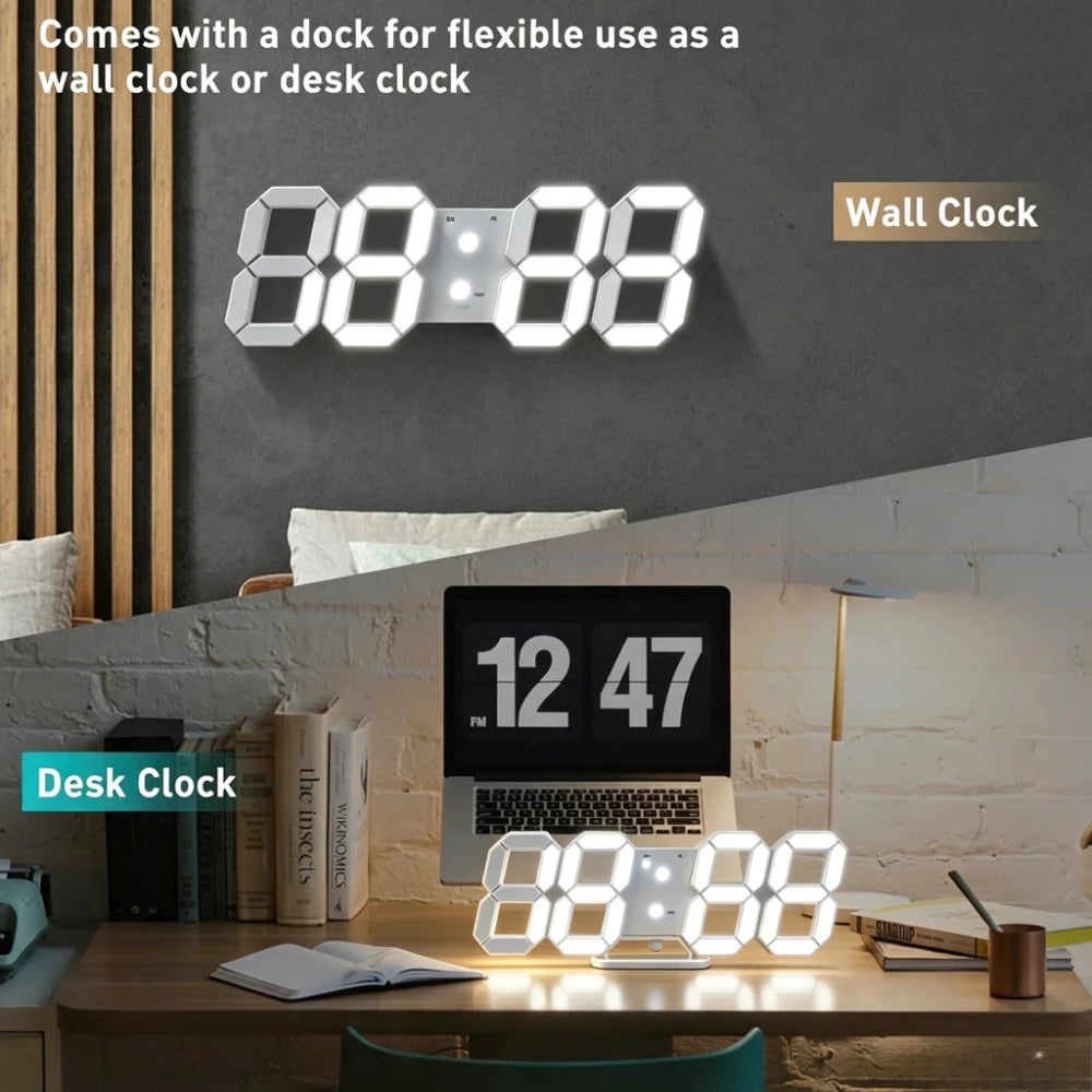 LED Digital Alarm Clock, 3D Design Wall Clock, Light-Up Night Mode, Adjustable Brightness Electronic Clock,