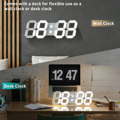 LED Digital Alarm Clock, 3D Design Wall Clock, Light-Up Night Mode, Adjustable Brightness Electronic Clock,