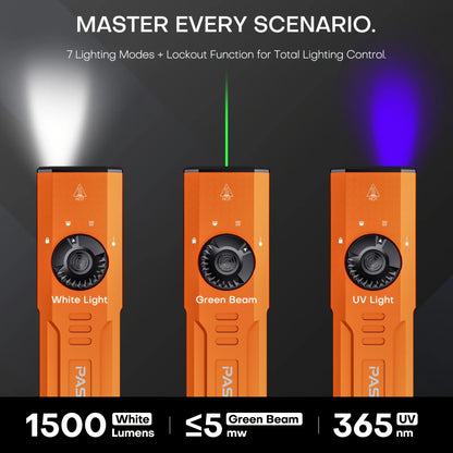 1500 LM Slim Tactical Flashlight  with Green Laser Beam, 3 Light Sources EDC Multi-Functional Rechargeable Torch, High Bright White Light & 365 UV Black Light,