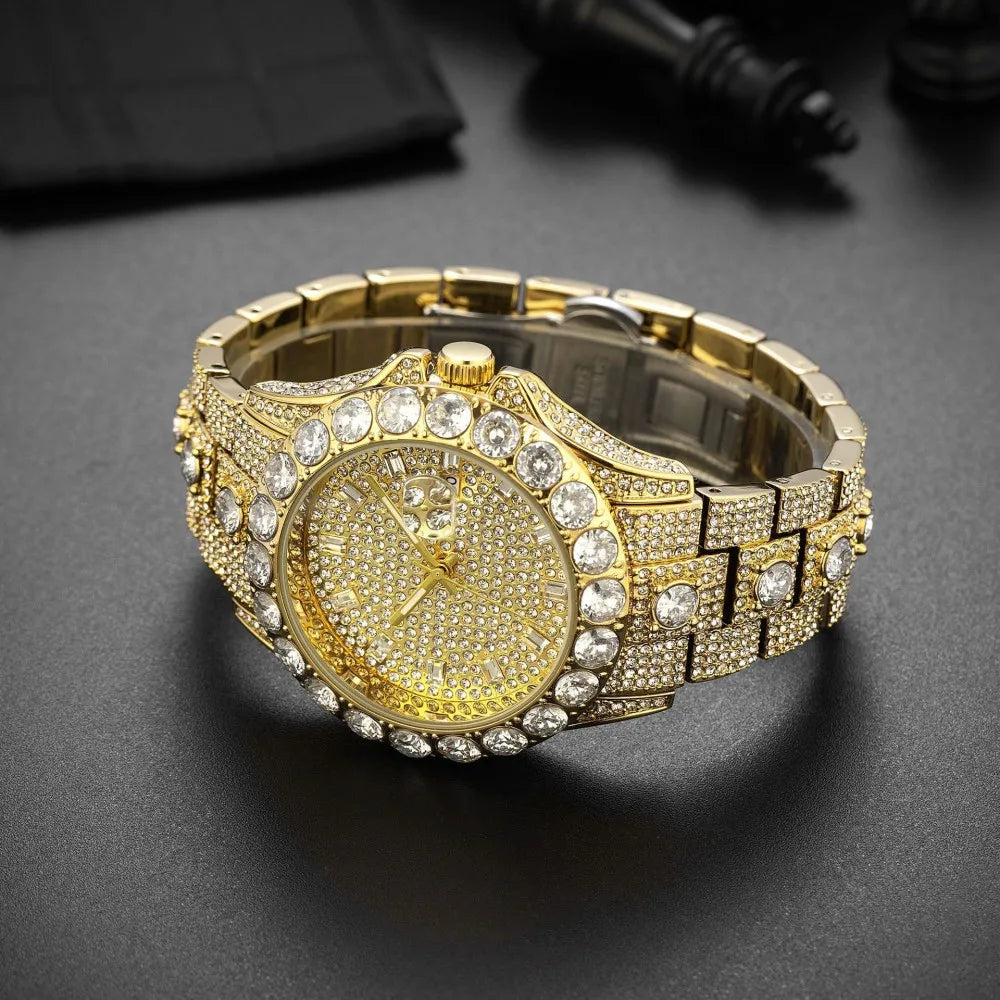 MISSFOX Luxury Watches For Mens Hip Hop Iced Out Bling Quartz Clocks Fashion Full Diamond Jewelry Wristwatch