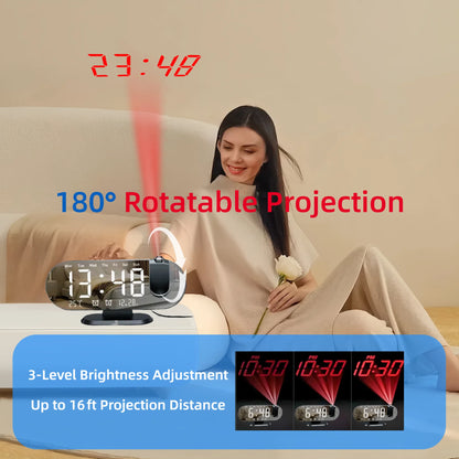 Projection Alarm Clock 8.8 Inch LED Mirror Display 180 Degree Rotation Dual Alarm Snooze Temperature USB Charging Bedside White Black
