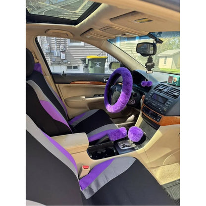 35-Piece Women Fluffy Car Seat Cover Set, Luxury Polyester Fiber Car Interior Combo, Soft Steering Wheel Cover, Cup Holder Coasters, Safety Belt Shoulder Pads & Gear Shift Cover, Universal Fit, Easy to Install
