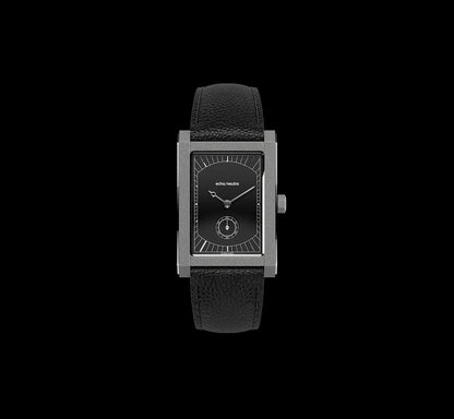 English: Minimalist Industrial Rectangular Square Watch, Retro Small Second Dial, Black Grain Leather Strap Niche Luxury Men Quartz Wristwatch