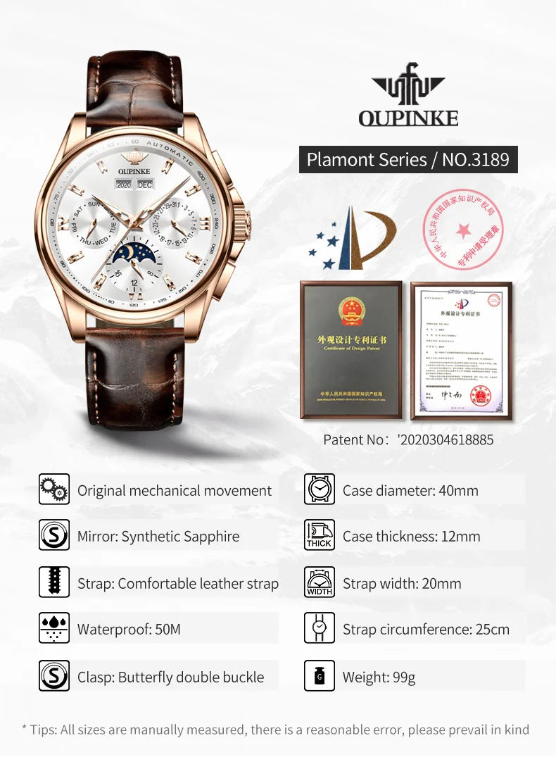 OUPINKE 3189 Automatic Watch for Men Genuine Leather Strap Waterproof Moon Phase Man Watches