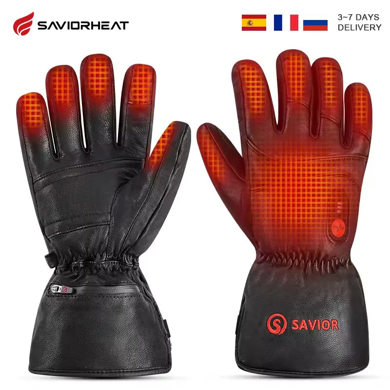 Savior Heat Winter Outdoor Sports Genuine Leather Sheepskin Electric Heating Gloves