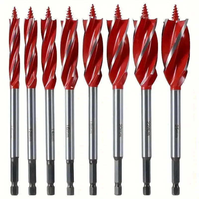 8pcs/Set High Carbon Steel 4 Flute Woodworking Drill Bit Set 10-25mm Self Tapping Hex Shank Precision Deep Hole Drills for Hardwood
