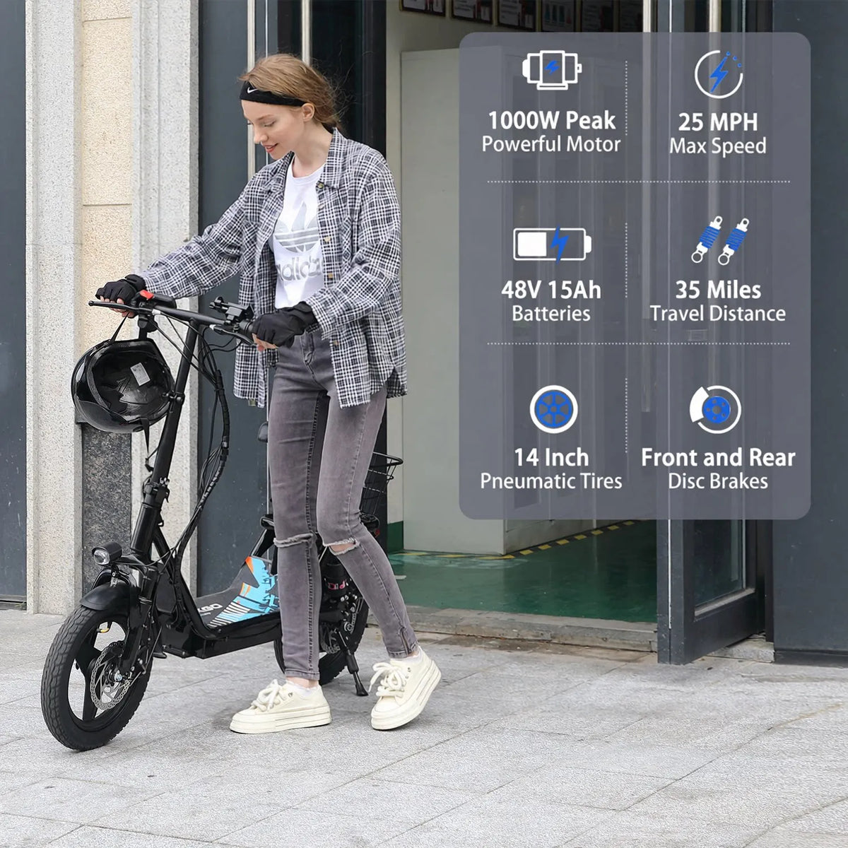 ASKGO 14 Inch Adult Electric Scooter with Seat, 1000W Peak, 25MPH Max Speed, 48V 15Ah Battery, 35 Miles Range, Dual Suspension & Dual Brake, Waterproof Rear Storage Box for Urban Commuting