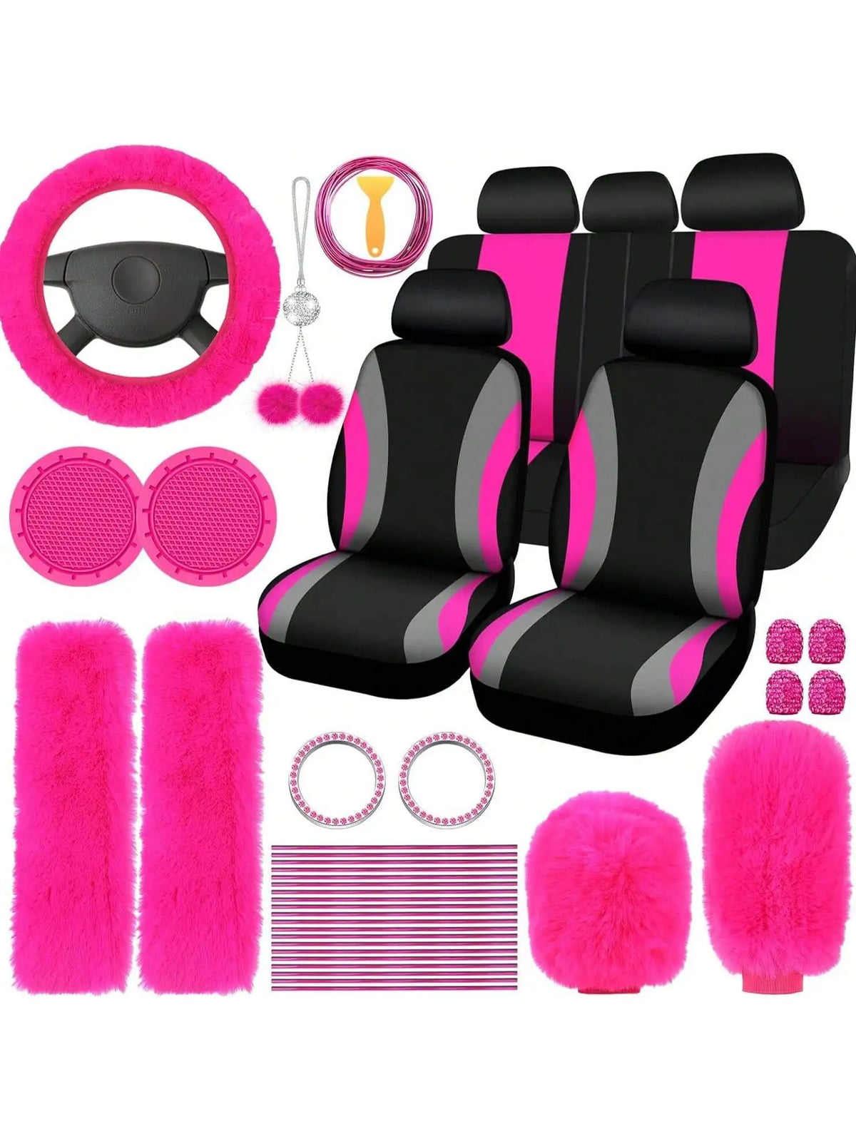 35-Piece Women Fluffy Car Seat Cover Set, Luxury Polyester Fiber Car Interior Combo, Soft Steering Wheel Cover, Cup Holder Coasters, Safety Belt Shoulder Pads & Gear Shift Cover, Universal Fit, Easy to Install
