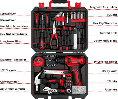 DEKO Drill Set Tool Set with 8V Red Cordless Drill, Home Tool Kit with Drill,