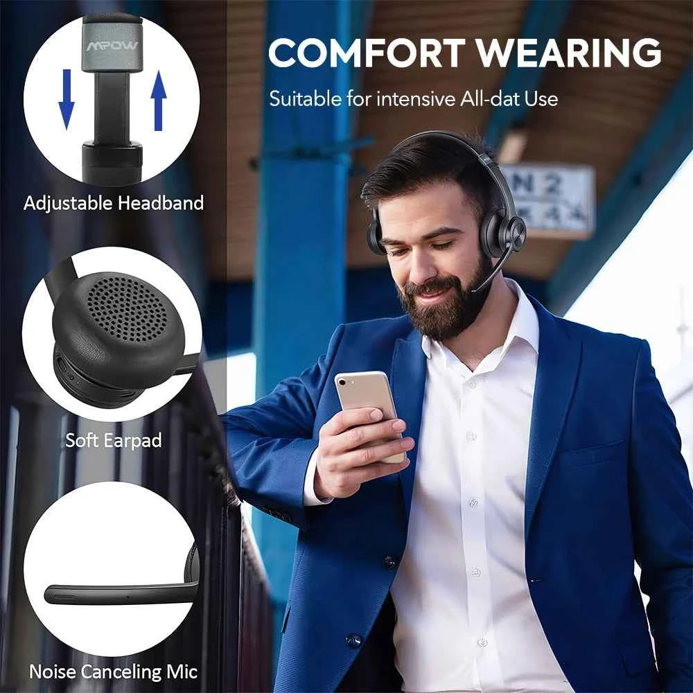 Mpow HC9 Bluetooth 5.3 Headset For Call Center Office Upgraded Wireless Headphones Noise Cancelling Mic