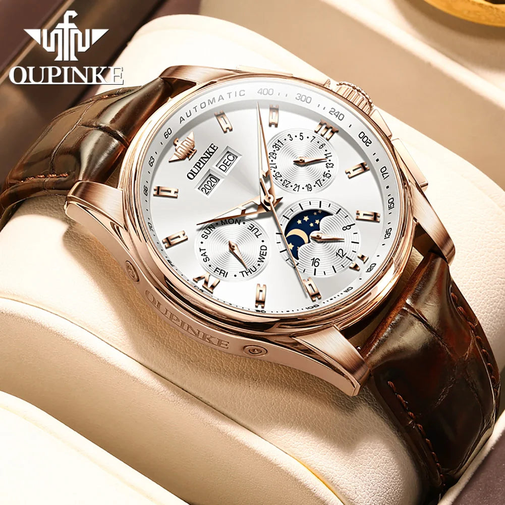 OUPINKE 3189 Automatic Watch for Men Genuine Leather Strap Waterproof Moon Phase Man Watches