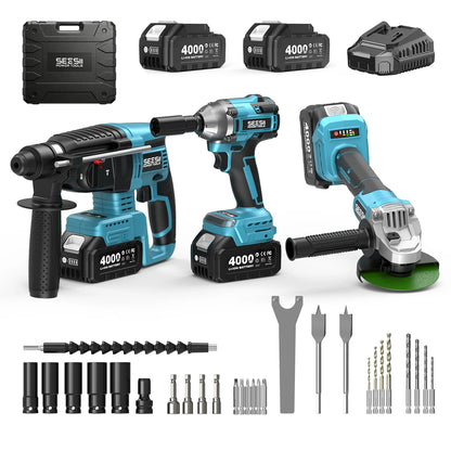 Seesii 3-In-1 Tool Combo Kit Rotary Hammer Drill Impact Wrench Angle Grinder Electric Brushless Cordless Battery