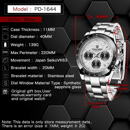 Pagani Design Top Brand Men's Sports Multifunctional Quartz Watch Sapphire Stainless Steel Waterproof Chronograph
