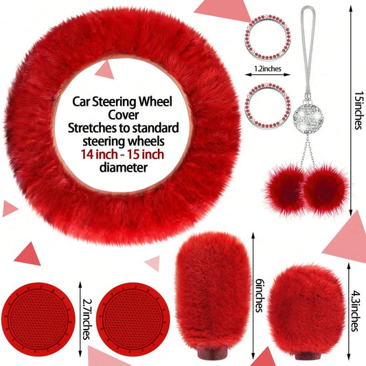 35-Piece Women Fluffy Car Seat Cover Set, Luxury Polyester Fiber Car Interior Combo, Soft Steering Wheel Cover, Cup Holder Coasters, Safety Belt Shoulder Pads & Gear Shift Cover, Universal Fit, Easy to Install