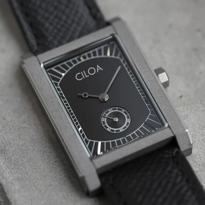English: Minimalist Industrial Rectangular Square Watch, Retro Small Second Dial, Black Grain Leather Strap Niche Luxury Men Quartz Wristwatch