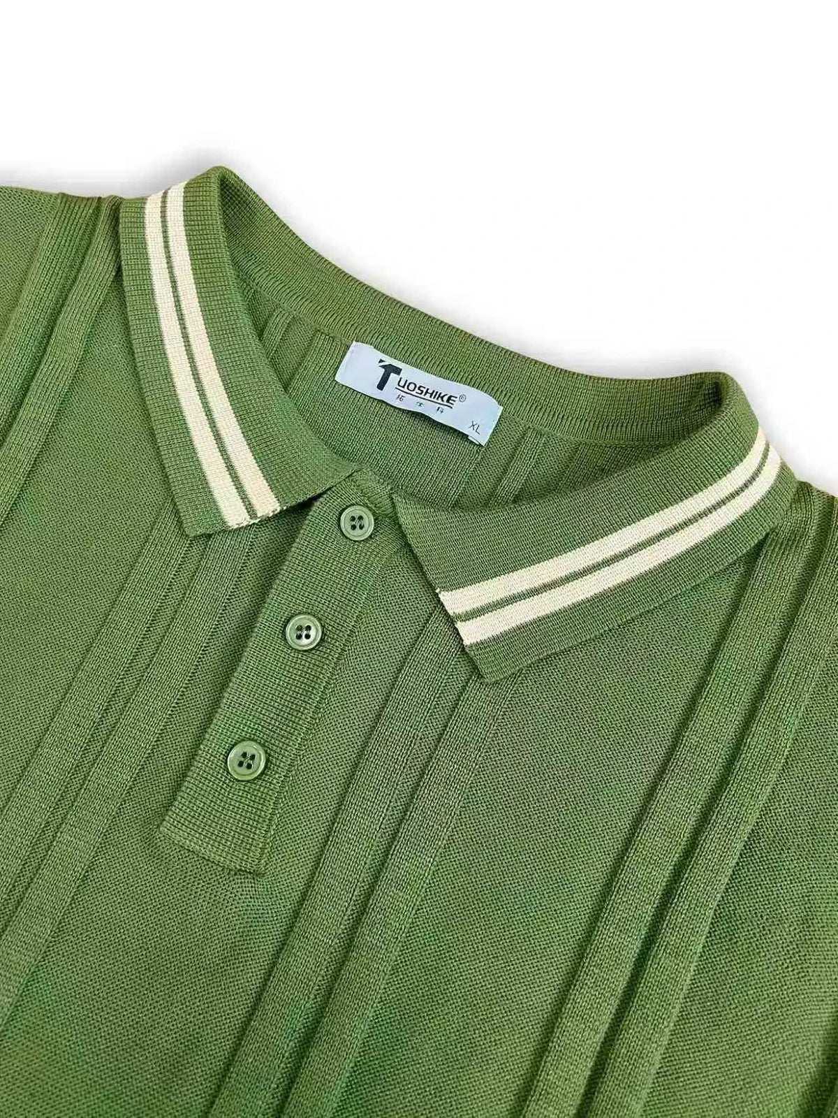 Men's casual lapel knitted POLO shirt short sleeve regular fit green cuff hem