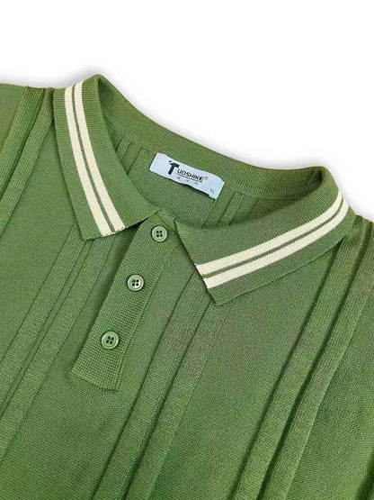 Men's casual lapel knitted POLO shirt short sleeve regular fit green cuff hem